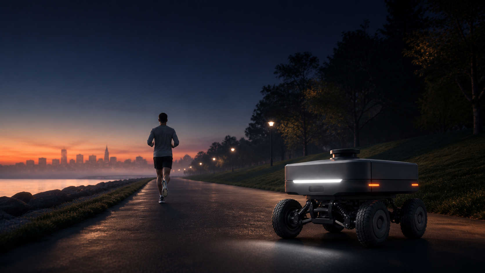 Eos in motion on a dawn greenway — the moving support system following a runner along the trail